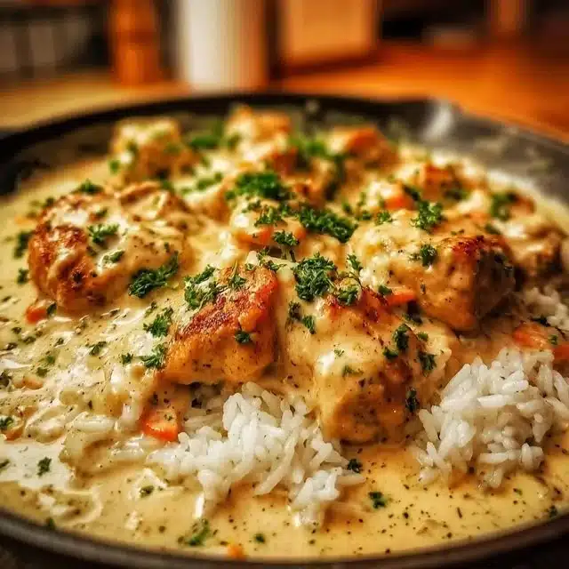 Creamy smothered chicken served over rice, a comforting and delicious dish.