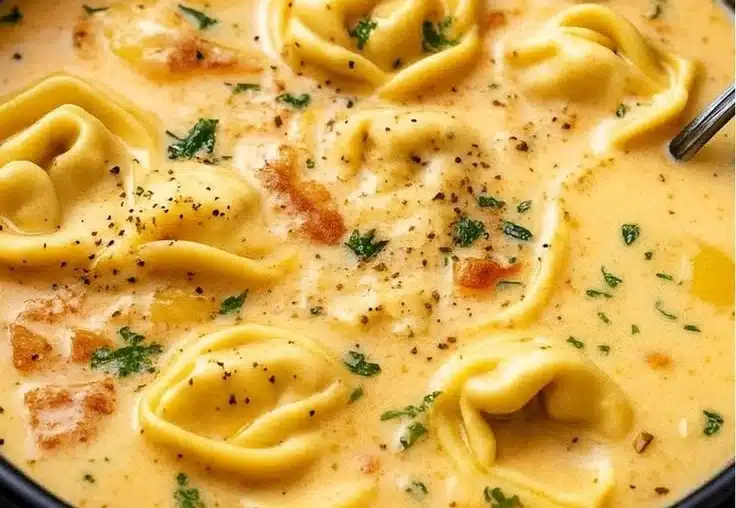 Creamy Tuscan Garlic Tortellini Soup in a bowl with herbs and garnished