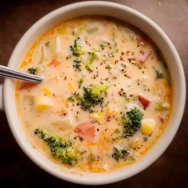 A bowl of creamy vegetable soup filled with colorful vegetables and herbs
