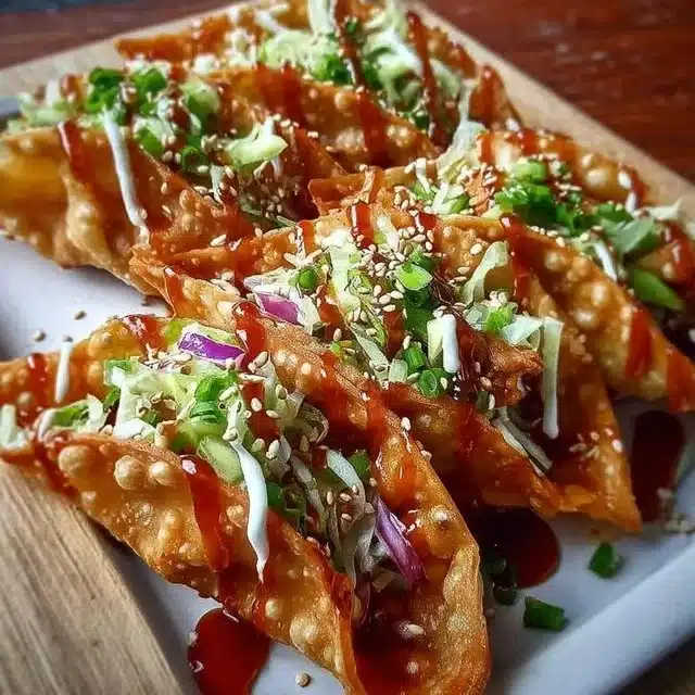 Crispy Chicken Wonton Tacos topped with fresh ingredients and served on a platter.