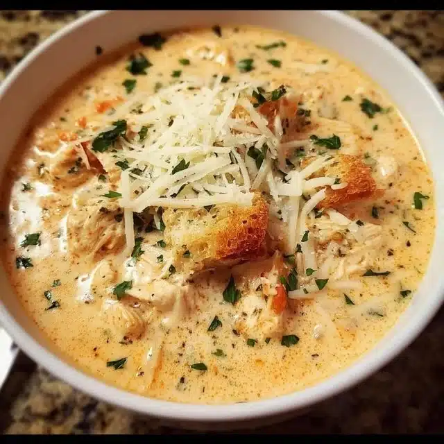 Crock Pot Creamy Chicken Parmesan Soup served in a bowl with parsley garnish.