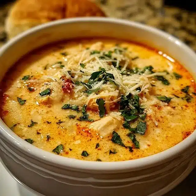 Bowl of creamy chicken parmesan soup made in a crock pot with garnishes