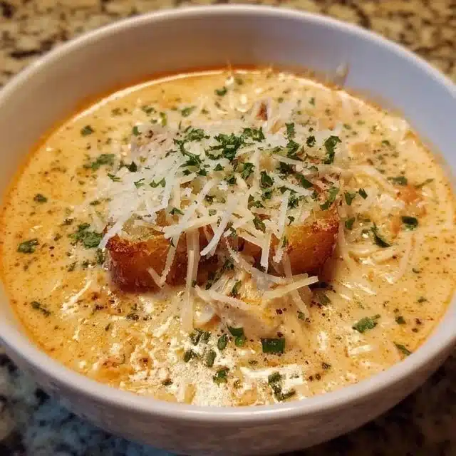 Bowl of Crock Pot Creamy Chicken Parmesan Soup topped with herbs and cheese
