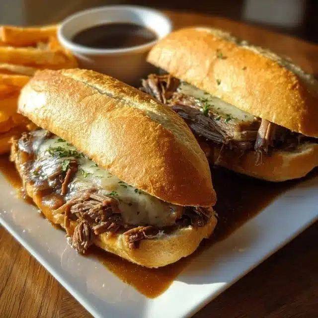 Crockpot French Dip Sandwiches served with dipping sauce