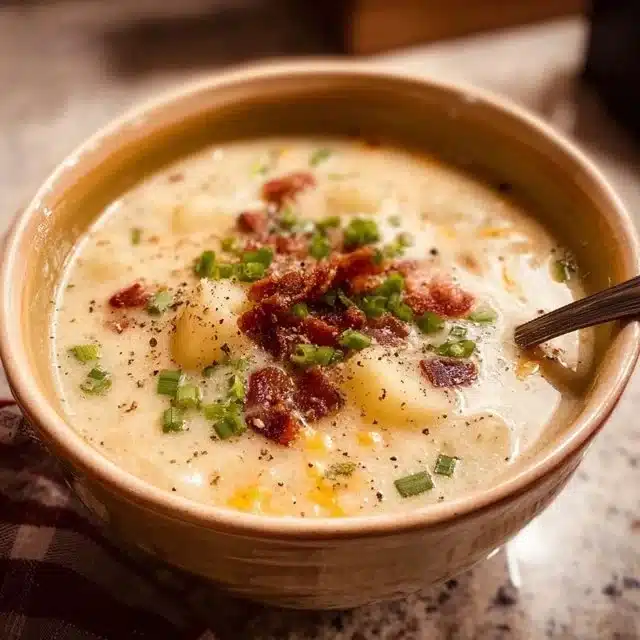 Delicious crockpot potato soup in a bowl, garnished with green onions.