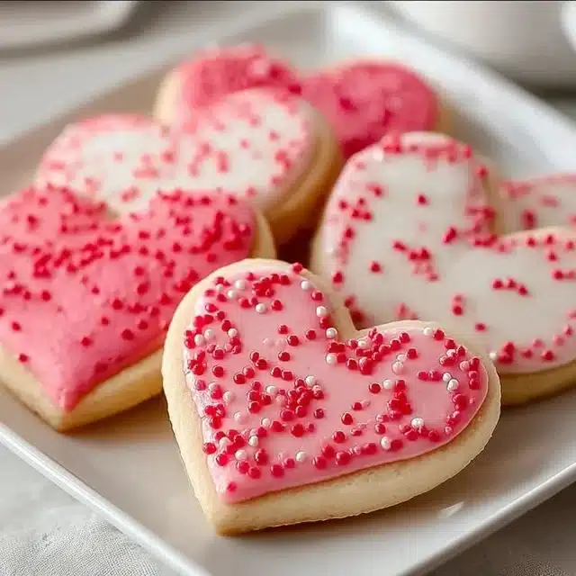 Freshly decorated Valentine sugar cookies in heart shapes.