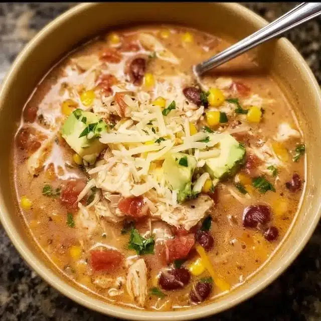 Bowl of easy chicken taco soup topped with avocado and cilantro
