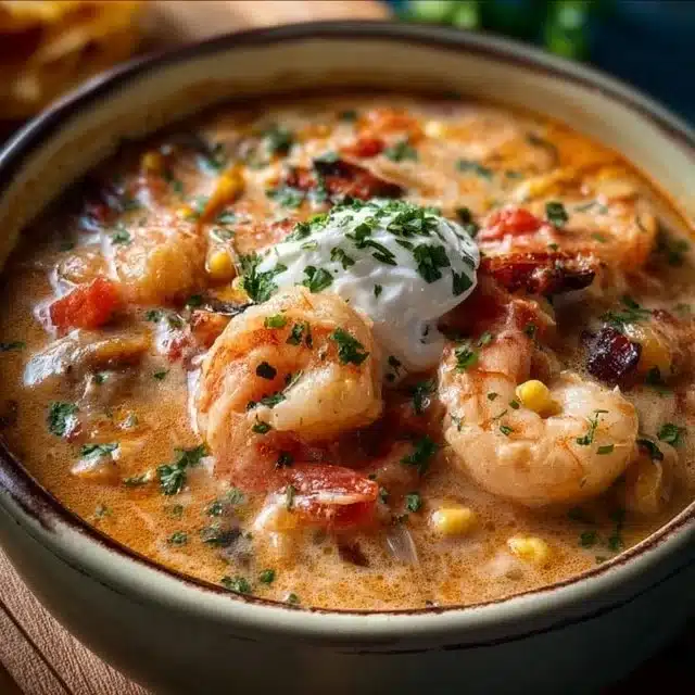Home 1 Bowl of creamy seafood chili with shrimp and spices on a wooden table