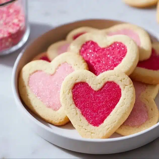 Easy Valentine's Day sugar cookies decorated with hearts and sprinkles