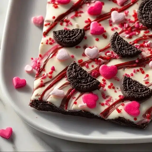 Delicious Valentine's Oreo Bark topped with chocolate and sprinkles