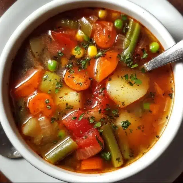 Bowl of easy vegetable soup with colorful fresh vegetables and herbs
