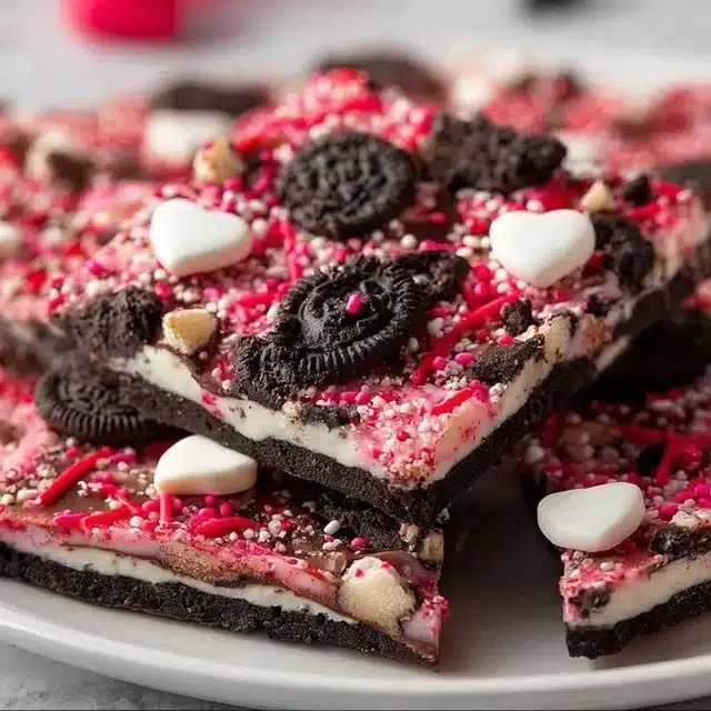 Home 2 Valentines Oreo Bark sprinkled with pink and red heart-shaped candies