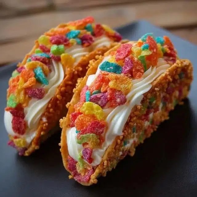 Home 7 Fruity Pebbles cheesecake tacos topped with colorful cereal and creamy filling