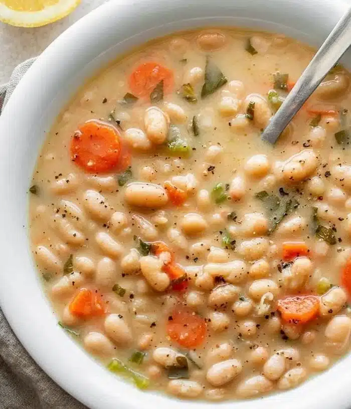 Bowl of Greek white bean soup garnished with garlic and lemon.