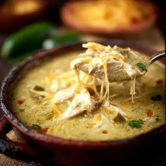 Bowl of creamy green chicken enchilada soup topped with cheese and cilantro