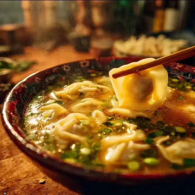 Bowl of delicious gyoza soup with dumplings and fresh herbs