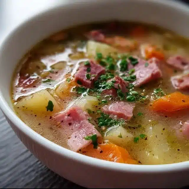 Bowl of hearty ham soup garnished with herbs and vegetables