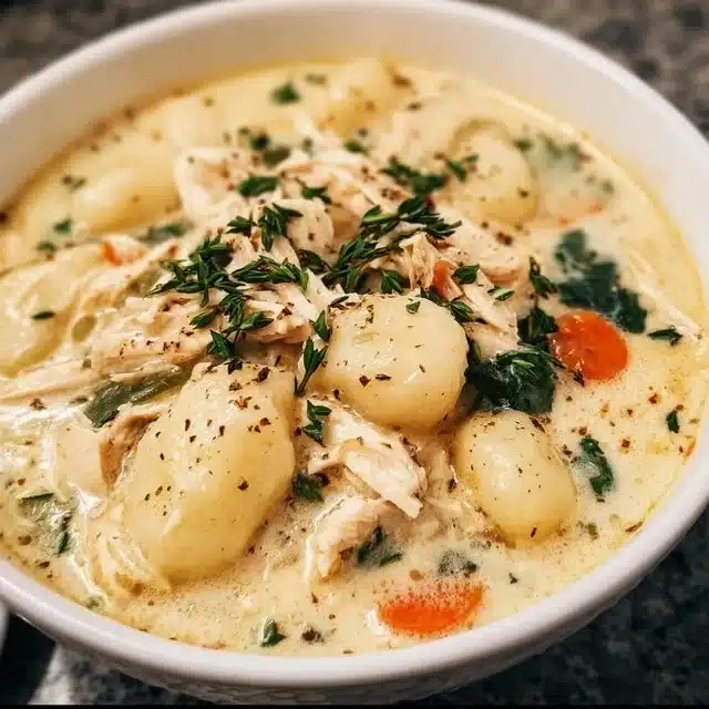 Bowl of healthy rotisserie chicken gnocchi soup with fresh ingredients.