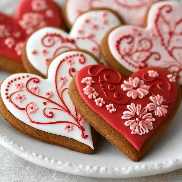 Home 4 Beautifully decorated heart cookies with royal icing on a colorful plate.