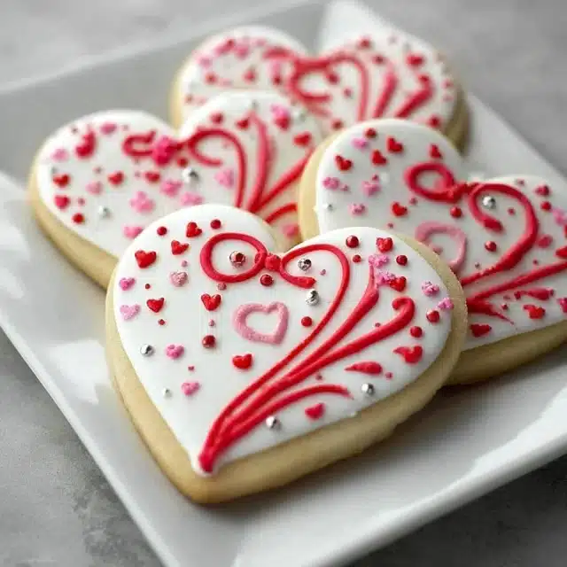 Heart cookies decorated with colorful royal icing.