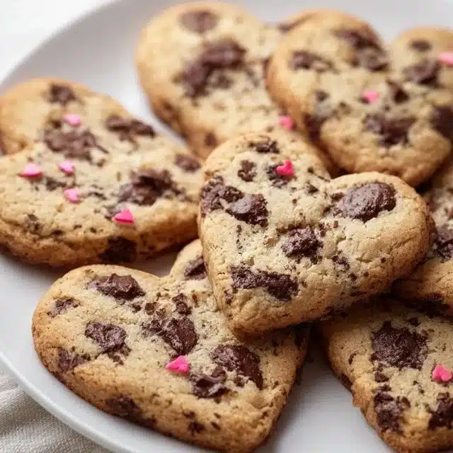 Heart shaped chocolate chip cookies on a plate, ideal for celebrations