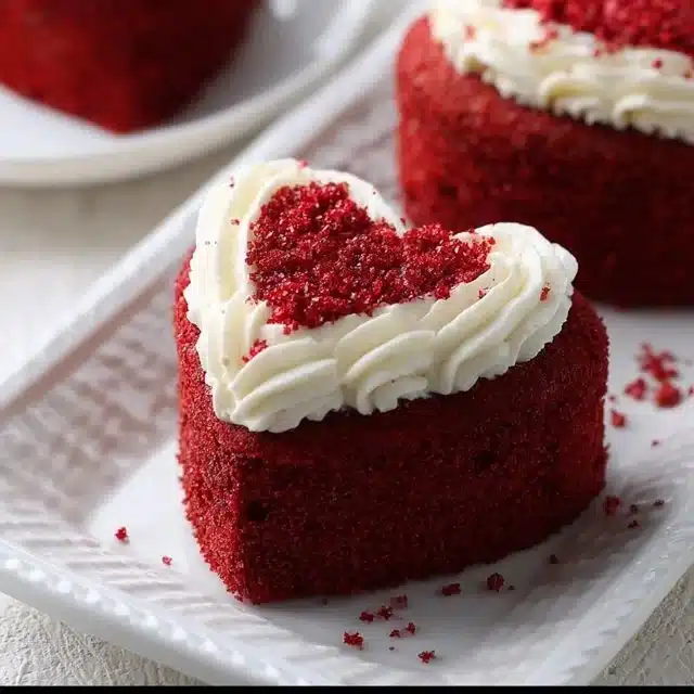 Heart-shaped red velvet mini cakes decorated for Valentine's Day