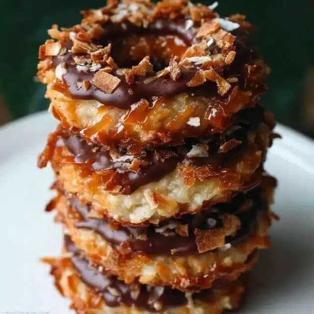 Homemade Samoas cookies with chocolate and caramel drizzled on top.
