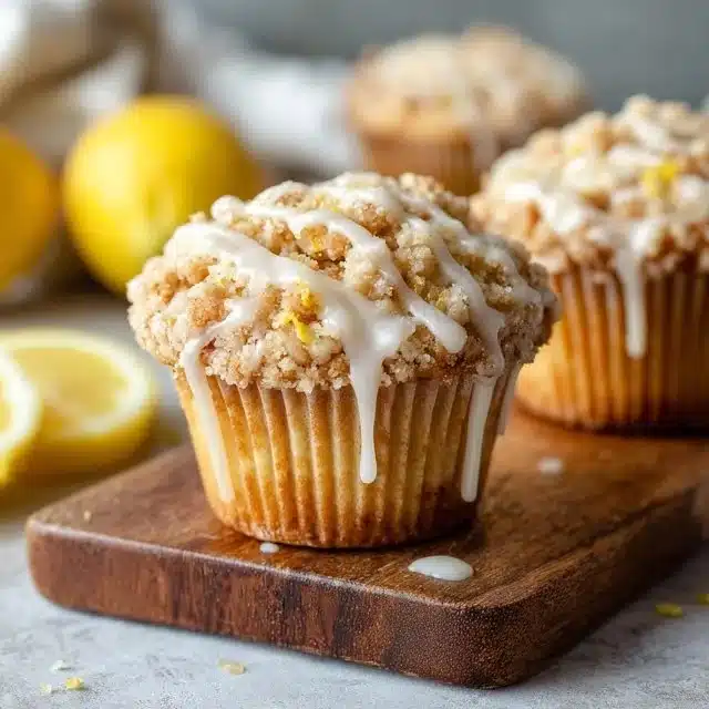 Lemon crumb muffins with a lemon glaze on a beautiful plate