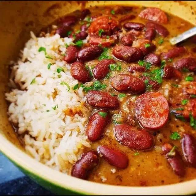 Delicious bowl of Louisiana Red Beans and Rice with sausage and seasoning