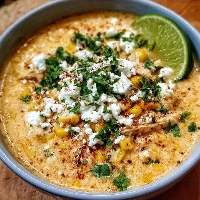 Bowl of vibrant Mexican street corn soup topped with cilantro and lime.