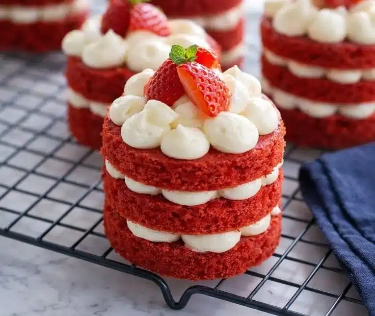 Mini red velvet cakes decorated for Valentine's Day dessert