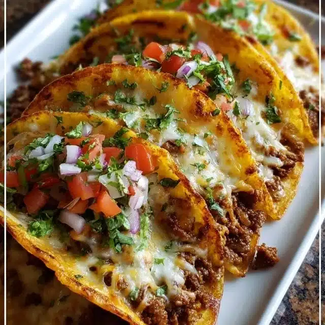 Delicious oven-baked cheesy tacos stacked with toppings and cheese
