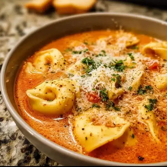 Bowl of Parmesan Tomato Tortellini Soup garnished with herbs