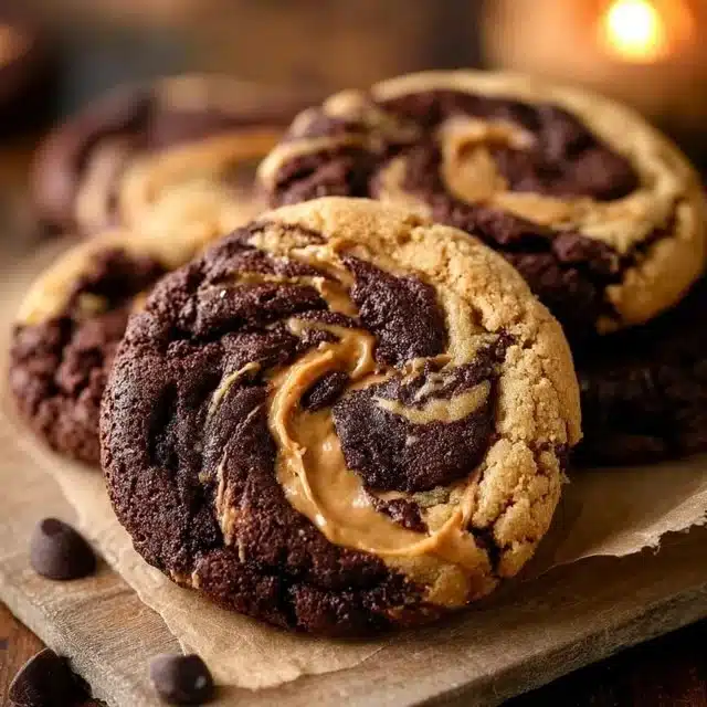 Peanut butter brownie swirl cookies arranged on a plate with chocolate drizzle