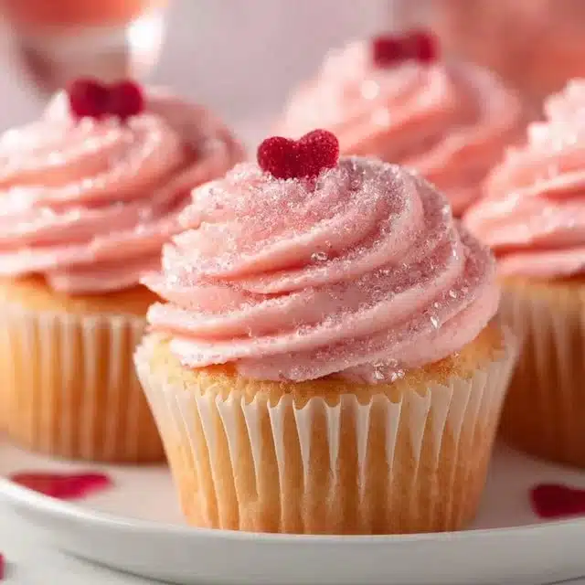 Delicious pink champagne cupcakes topped with frosting and decorative sprinkles.