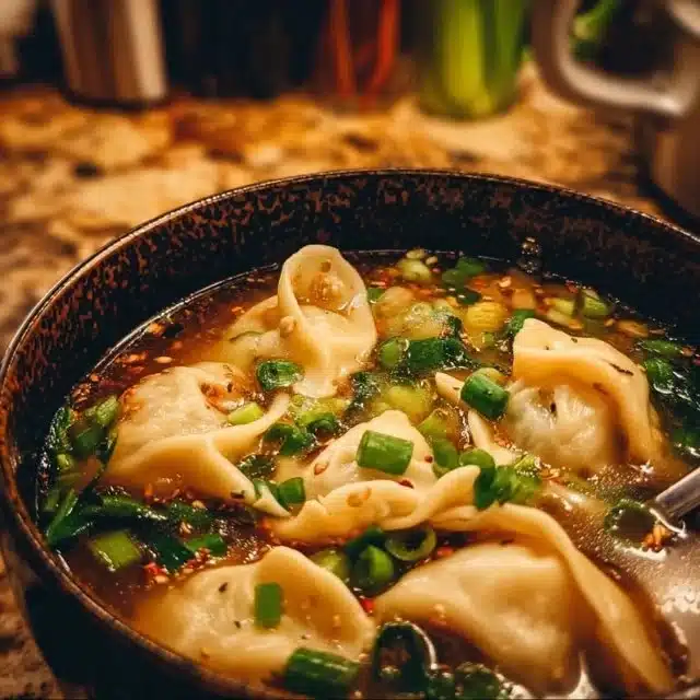 Bowl of homemade potsticker soup with dumplings and fresh vegetables
