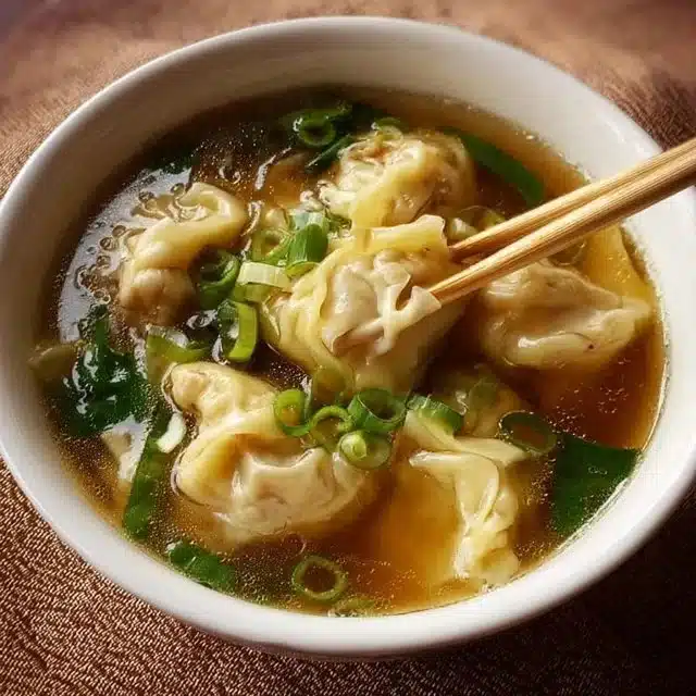 Bowl of quick and easy wonton soup topped with green onions and herbs