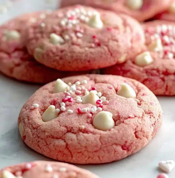 Delicious Valentine’s Day cookies made with cake mix, decorated for love.