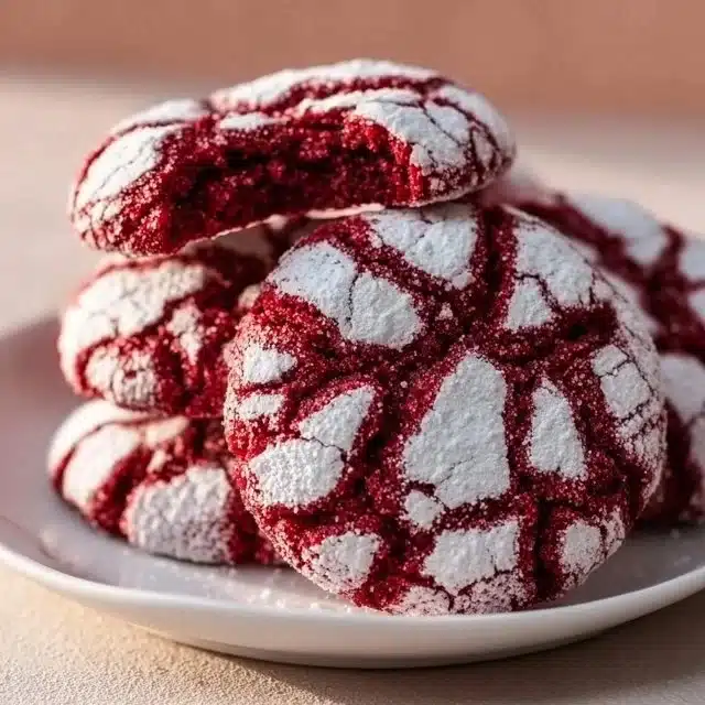 Plate of freshly baked Red Velvet Crinkle Cookies with powdered sugar