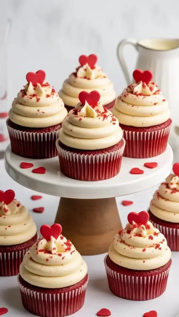 Delicious red velvet cupcakes with cream cheese frosting on a rustic wooden table