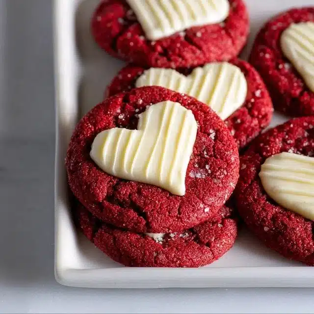 Delicious red velvet sugar cookies on a plate, freshly baked and ready to enjoy.