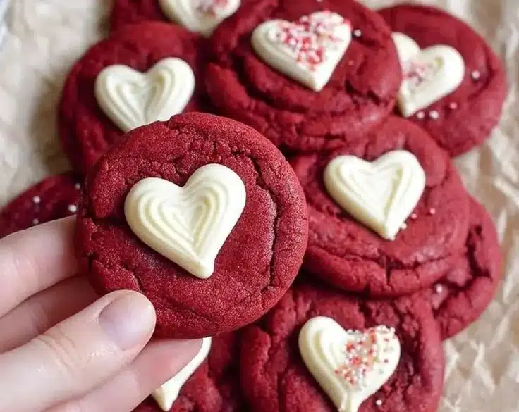 Plate of freshly baked Red Velvet Sugar Cookies with cream cheese frosting