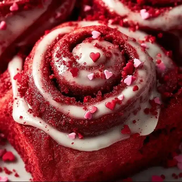 Red velvet cinnamon rolls topped with cream cheese icing for Valentine's Day