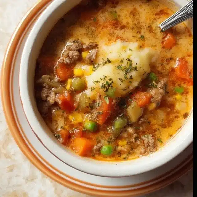 Bowl of delicious Shepherd's Pie Soup topped with herbs and vegetables