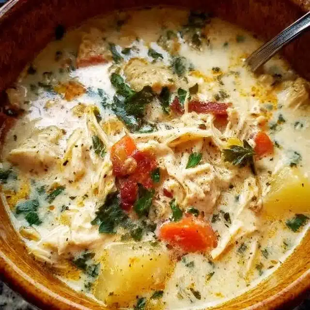 Bowl of Slow Cooker Crack Chicken Soup with toppings and herbs