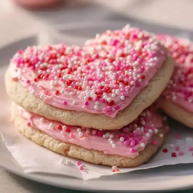 Home 4 Soft Valentine's frosted sugar cookies with colorful icing and heart decorations.