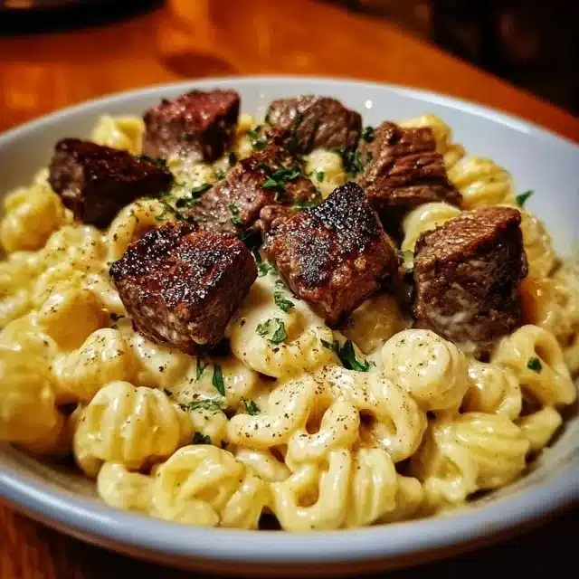Steak bites served with garlic butter Alfredo pasta on a plate