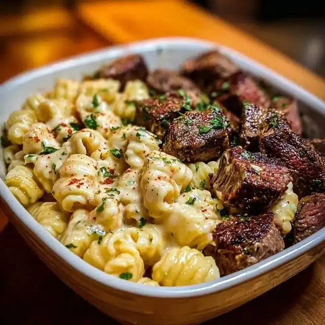 Steak Bites with Garlic Butter Alfredo Pasta