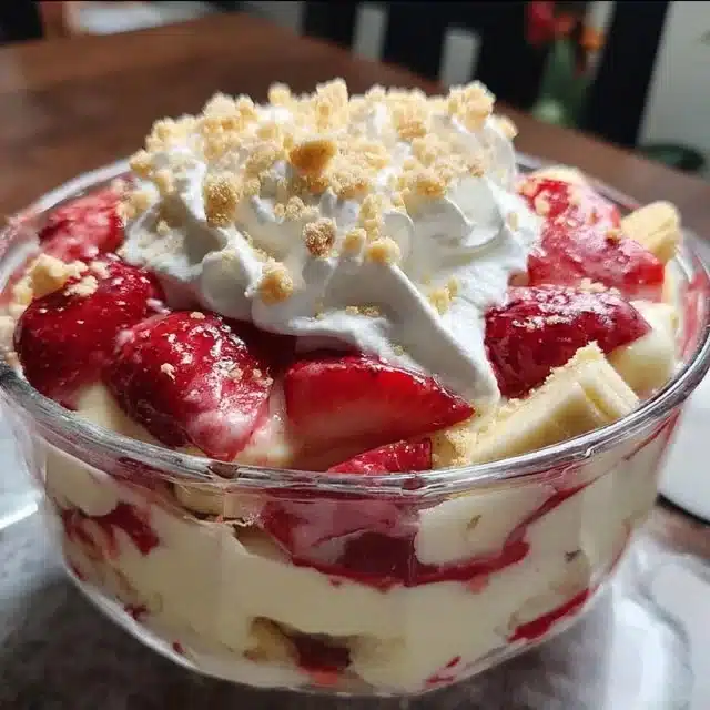 Home 7 Delicious strawberry banana pudding topped with fresh strawberries and banana slices