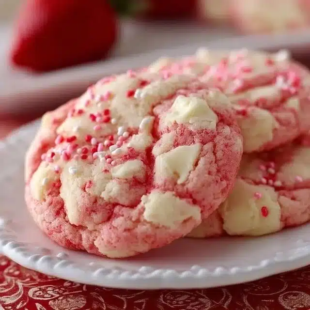 Strawberry cheesecake cookies on a plate garnished with fresh strawberries